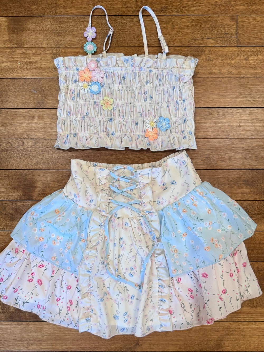 Hannah Banana Pastel Pink Floral Sundress with Blue Trim